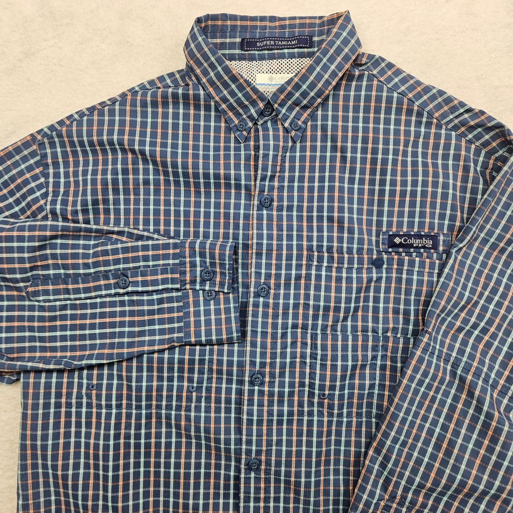 Columbia PFG Super Tamiami Mens Medium Blue Plaid Long Sleeve Fishing Shirt
